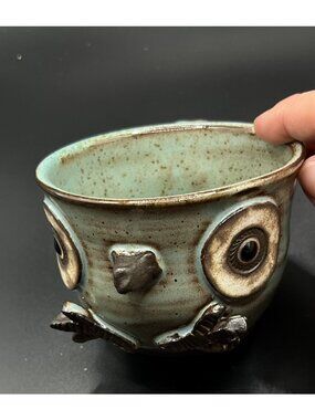 Handcrafted Ceramic Owl Mug Green Brown Speckled Glaze whimsical Owl Unique sign